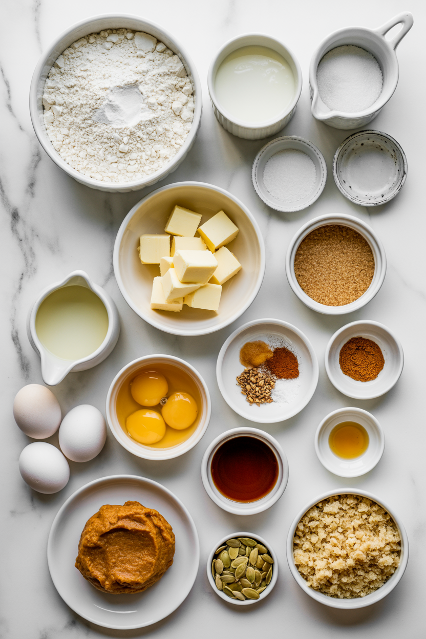 Ingredients for pumpkin biscuits on white marble: flour, cubed butter, buttermilk, eggs, pumpkin puree, brown sugar, spices, vanilla, and pepitas.