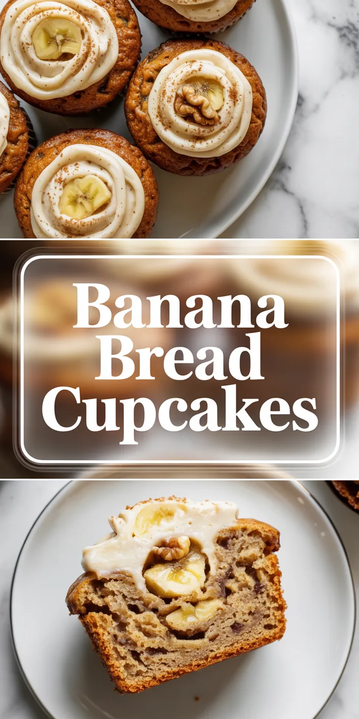 Collage of cream cheese frosted banana bread cupcakes topped with banana slices and walnuts, and a cut cupcake showing banana chunks inside.