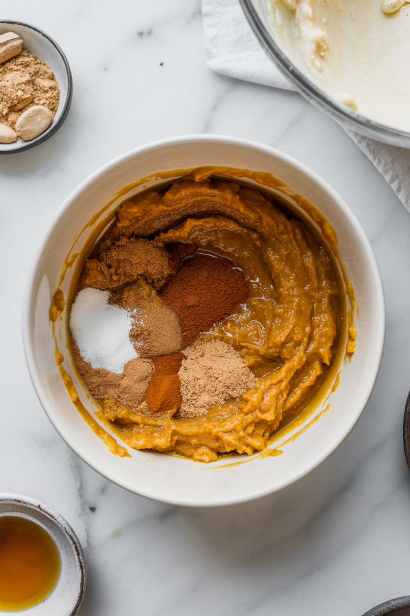 Pumpkin puree in a white bowl topped with brown sugar, cinnamon, ginger, and nutmeg before stirring into the spiced pumpkin filling.