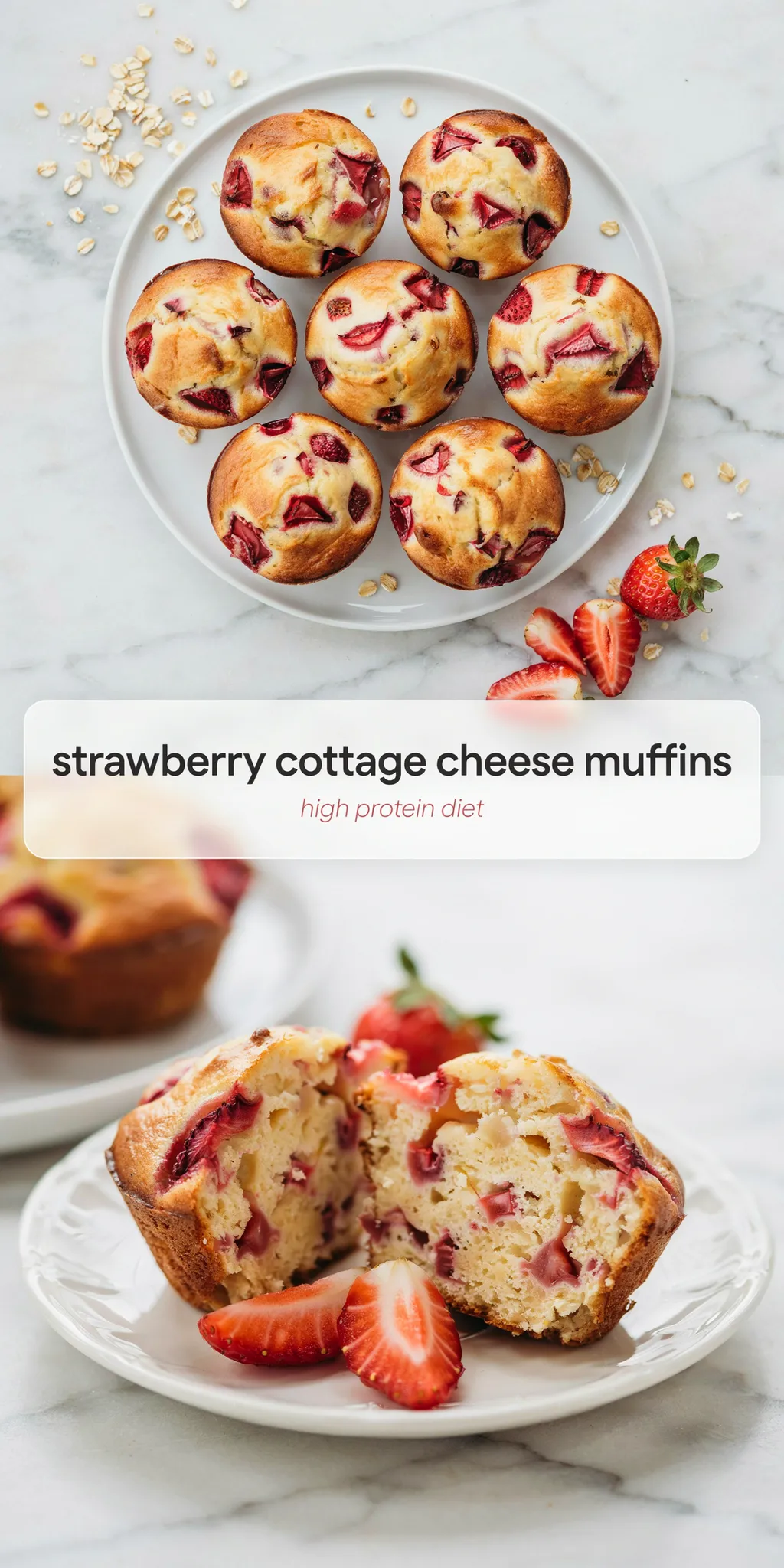 Collage of seven strawberry cottage cheese muffins on a round plate sprinkled with oats and a split muffin with fresh strawberry slices beside it.