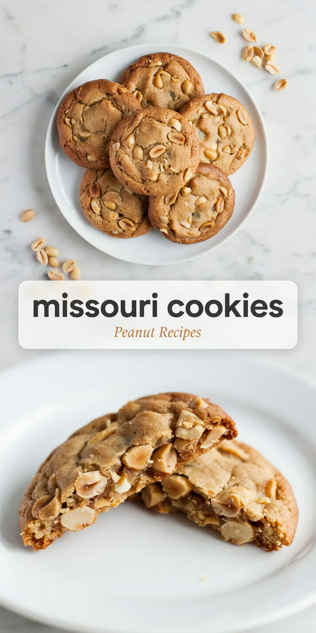 Collage of a plate piled with chewy Missouri cookies topped with peanuts and a close view of a split cookie with a soft, nutty middle.