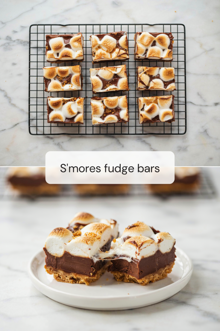 S'mores fudge bars with toasted marshmallow tops cooling on a wire rack, above two bars on a plate showing the graham crust and thick chocolate fudge.