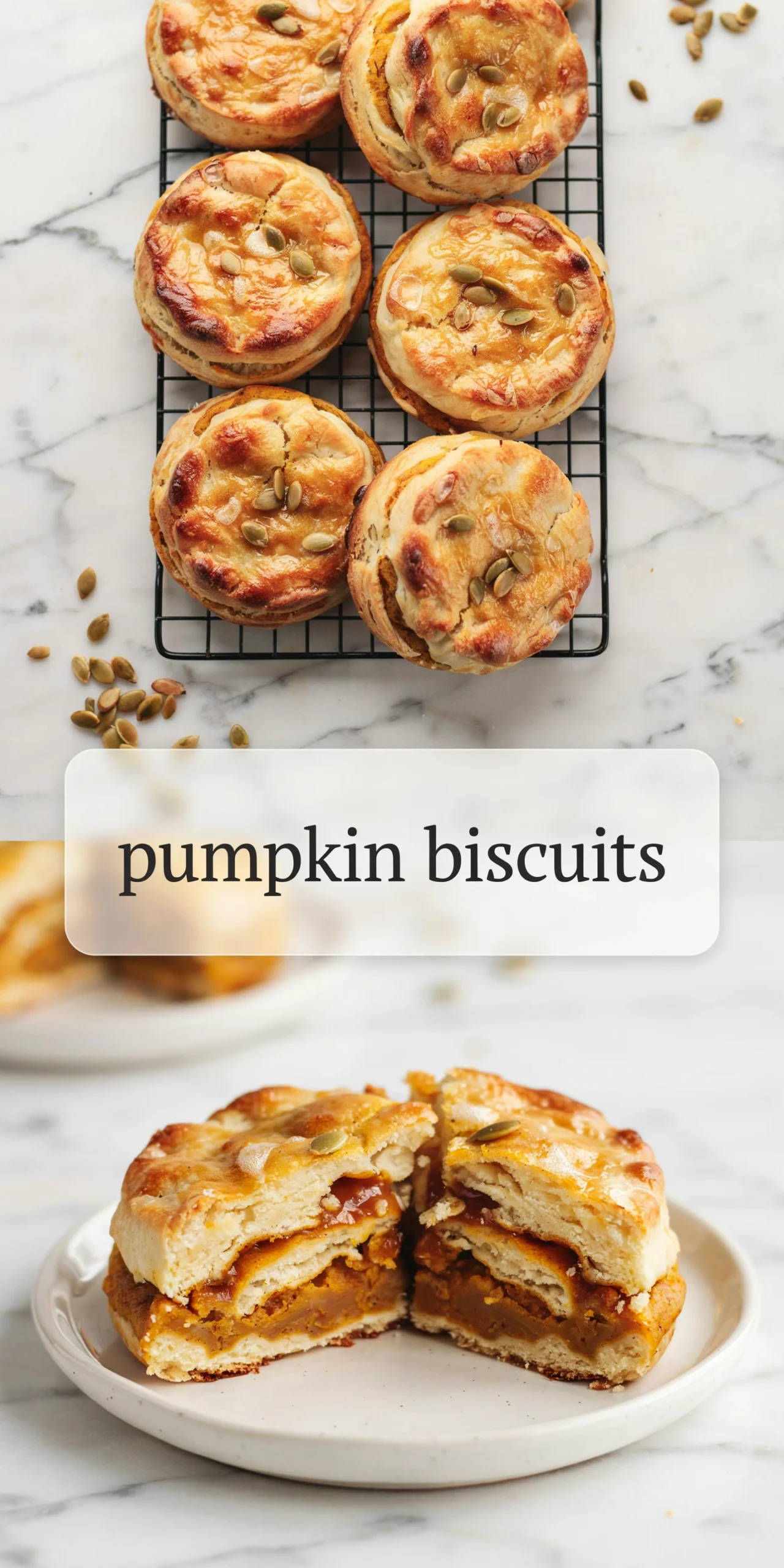 Collage of pumpkin biscuits topped with pumpkin seeds on a cooling rack, and a halved biscuit on a white plate with thick pumpkin filling inside.