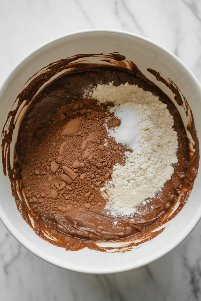 Cocoa powder, flour and salt resting on top of glossy chocolate brownie batter in a white bowl, ready to be stirred in.