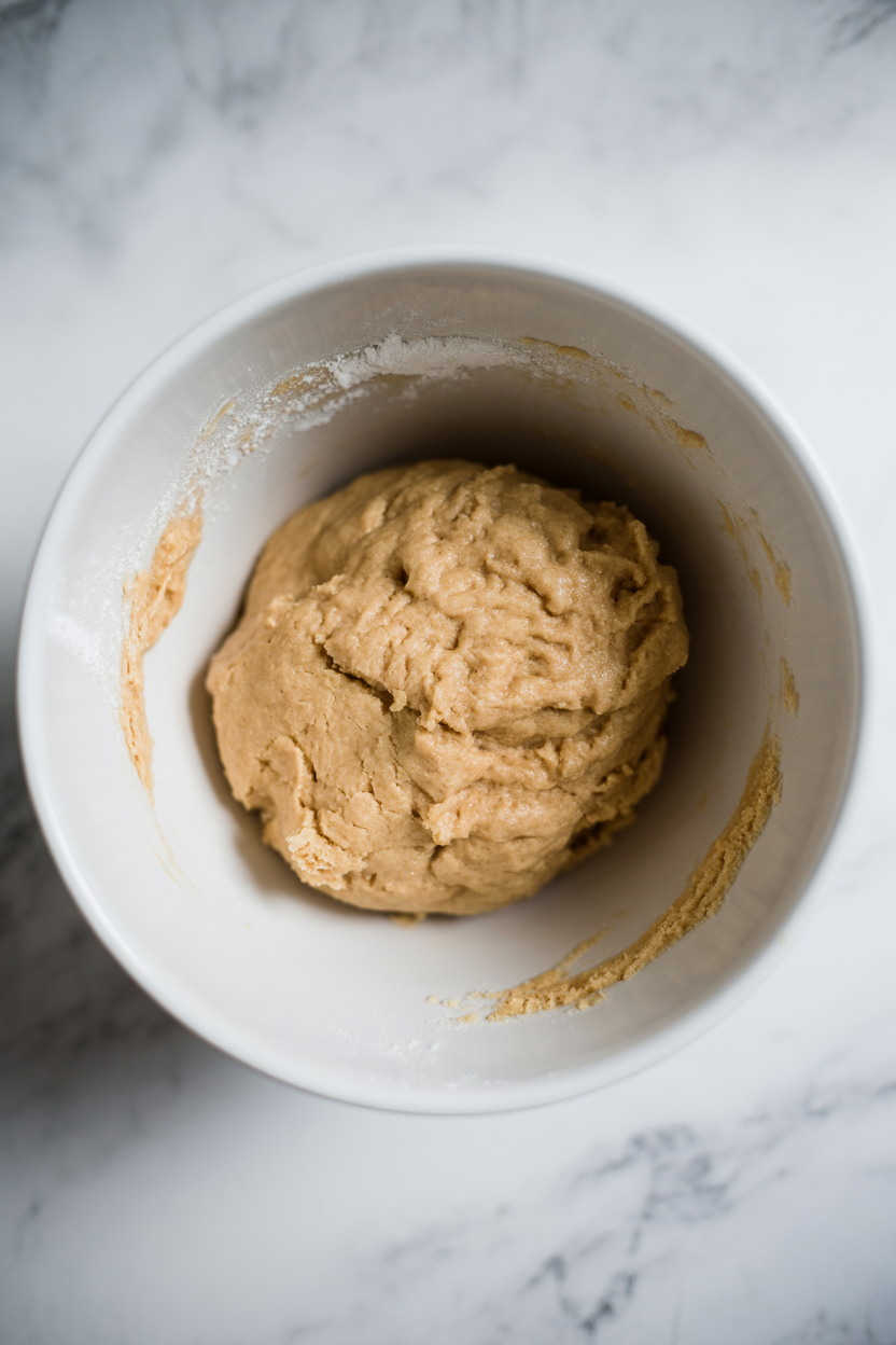 Soft brown sugar cookie dough with chopped peanuts mixed through, resting in a white mixing bowl before it goes into the fridge to chill.