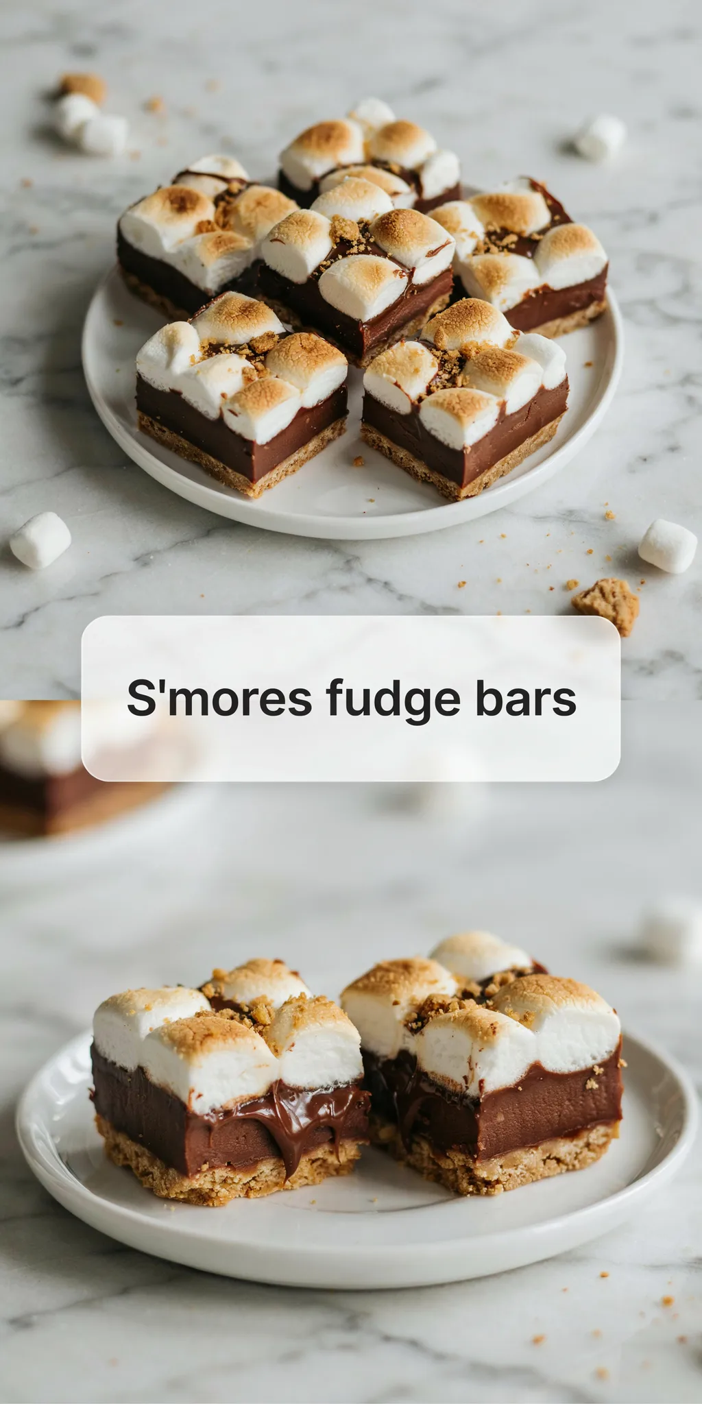 Collage of s'mores fudge bars stacked on a white plate with toasted marshmallows and graham crumbs, and two bars showing their three layers.