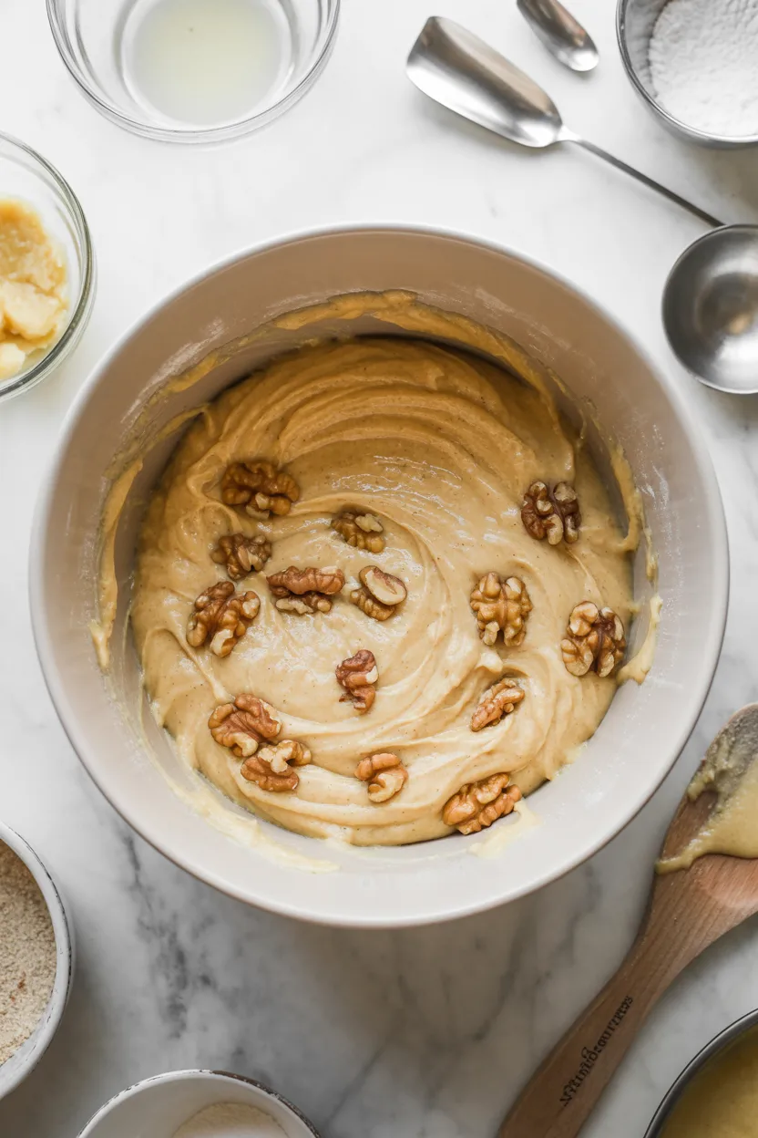 Smooth banana bread cupcake batter in a white bowl with walnut halves scattered on top, ready to fold in before filling the liners.
