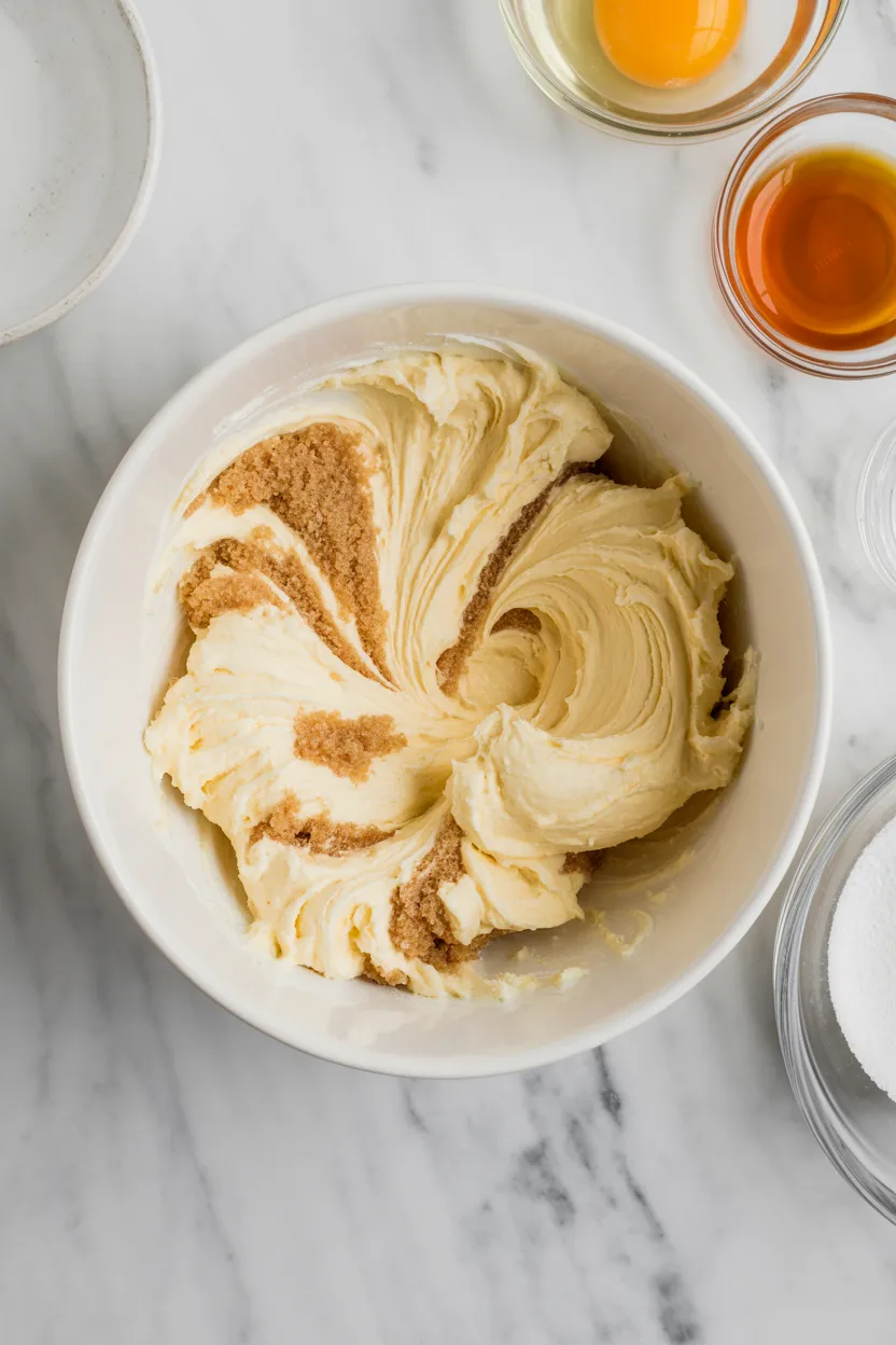 Softened butter and brown sugar being creamed in a white bowl until pale and fluffy, with an egg and vanilla extract waiting beside it.