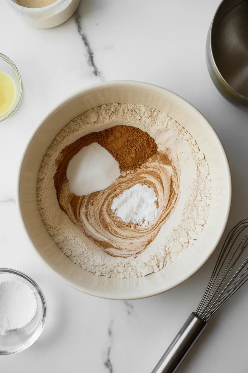 Flour, ground cinnamon, baking soda, and baking powder in a white mixing bowl before whisking the dry ingredients for banana bread cupcakes.