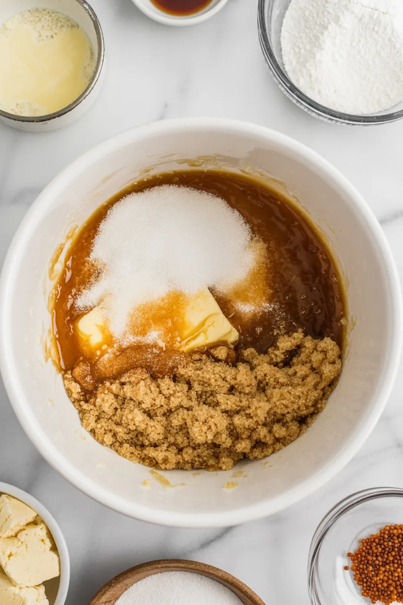 Butter, granulated sugar and brown sugar in a white mixing bowl before whisking the wet base for chocolate hazelnut brownies.